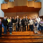Photo of Maniacal 4 trombone quartet with trombone studio and students from Jenison, MI